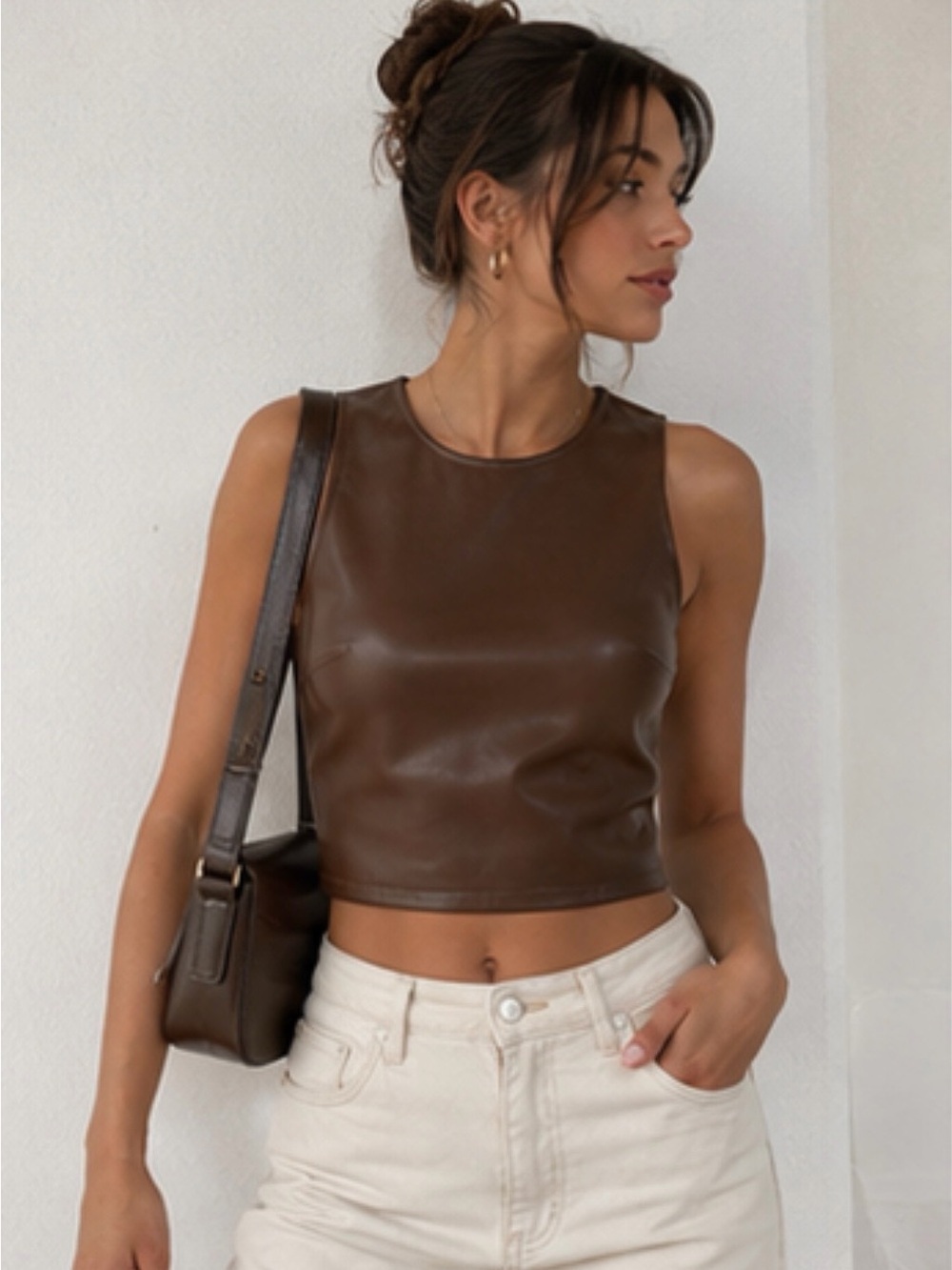 Sleeveless Faux Leather Brown Crop Top with Back Zip